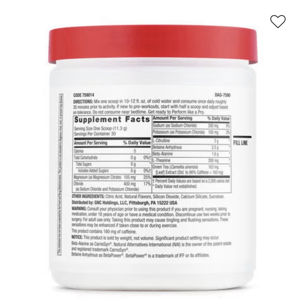 GNC Pro Pre Workout Tropical Fruit Punch 30 Servings Energy Performance 11.96 Oz