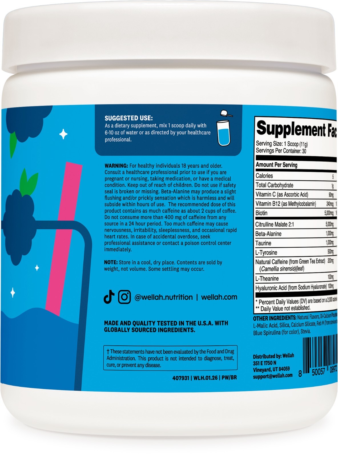 Wellah Get-Going Pre-Workout Drink Mix (Blue Raspberry) – 200mg Natural Caffeine