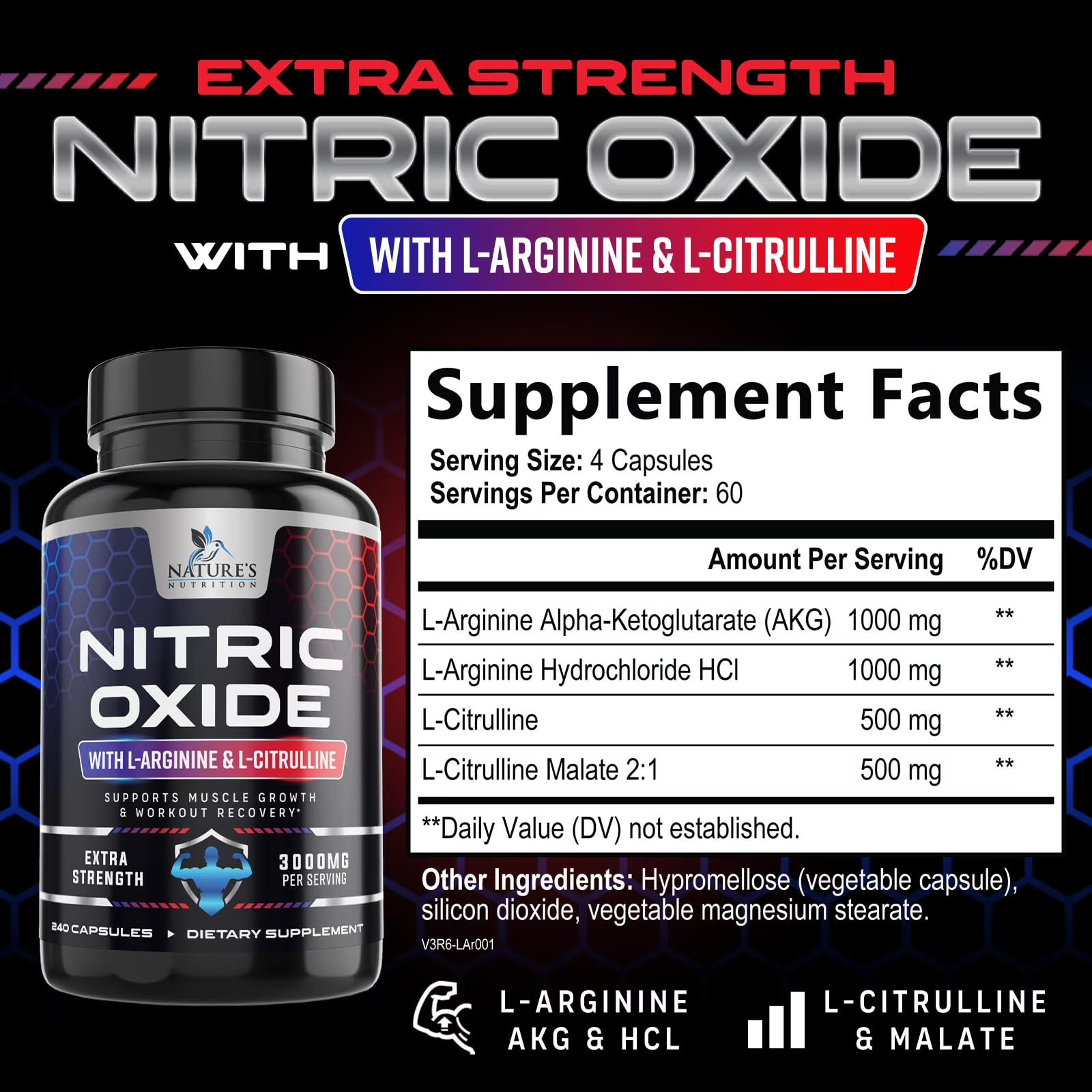 Nitric Oxide Booster 3000mg L-Arginine 3X Extra Strength Capsules