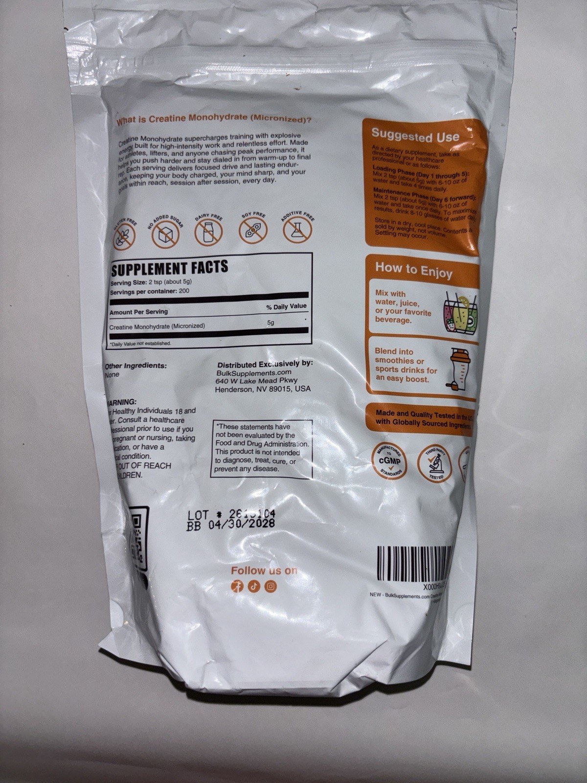 *NEW* Bulk Supplements – 200 Serving Creatine Monohydrate (BB: 4/2028)