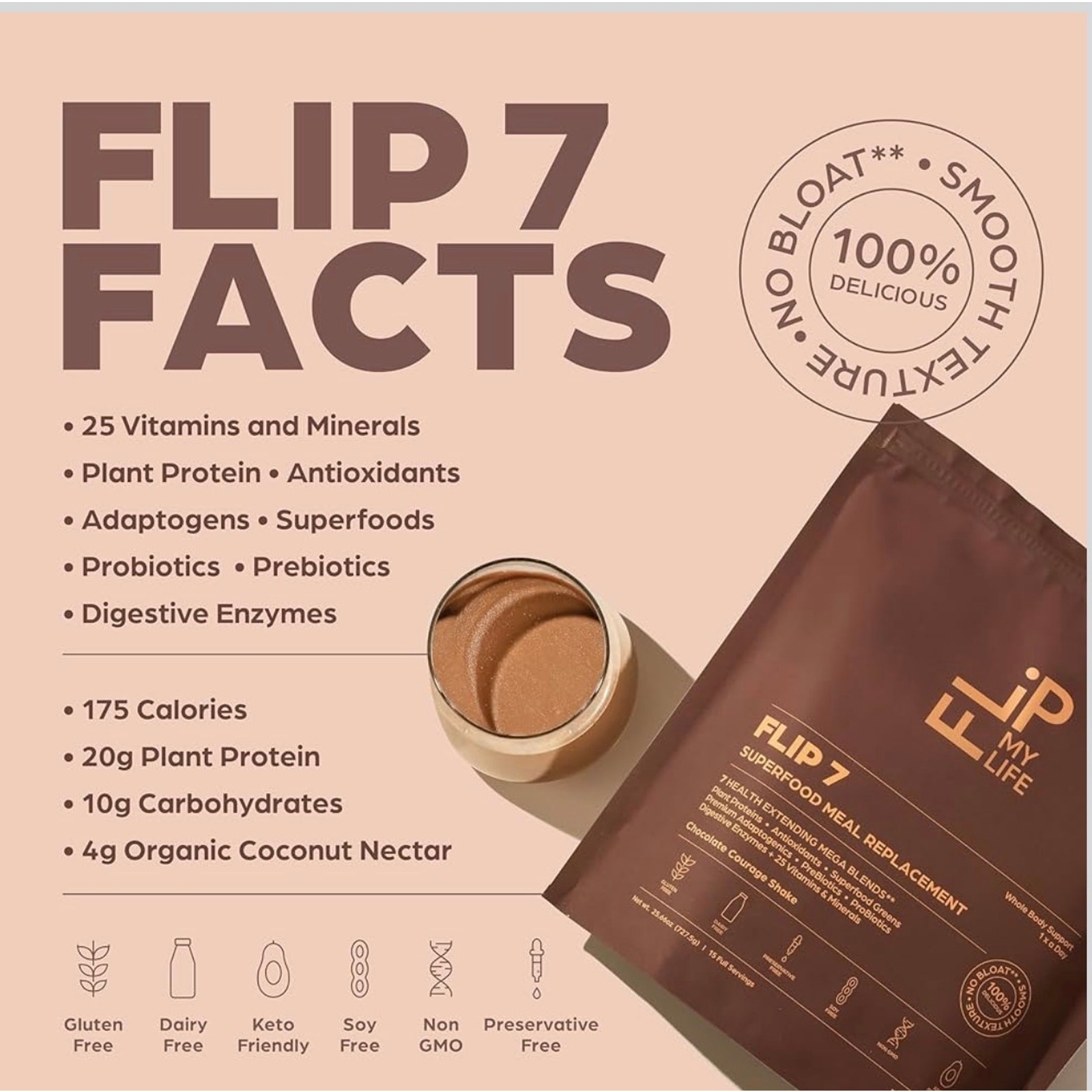 Flip 7 Superfood Meal Replacement Chocolate Courage 15 Serving Vegan Protein New