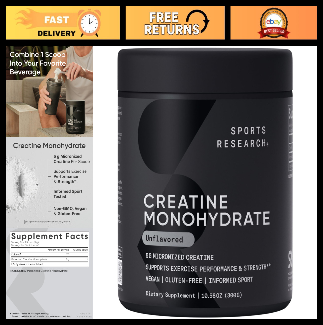 Creatine Monohydrate Powder 5g – Unflavored, 60 Servings | Micronized for Muscle