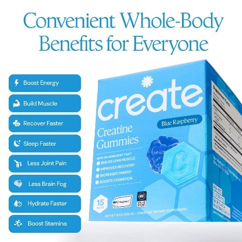 Create Wellness Creatine Monohydrate Gummies Blue Raspberry 45ct 15ct NSF