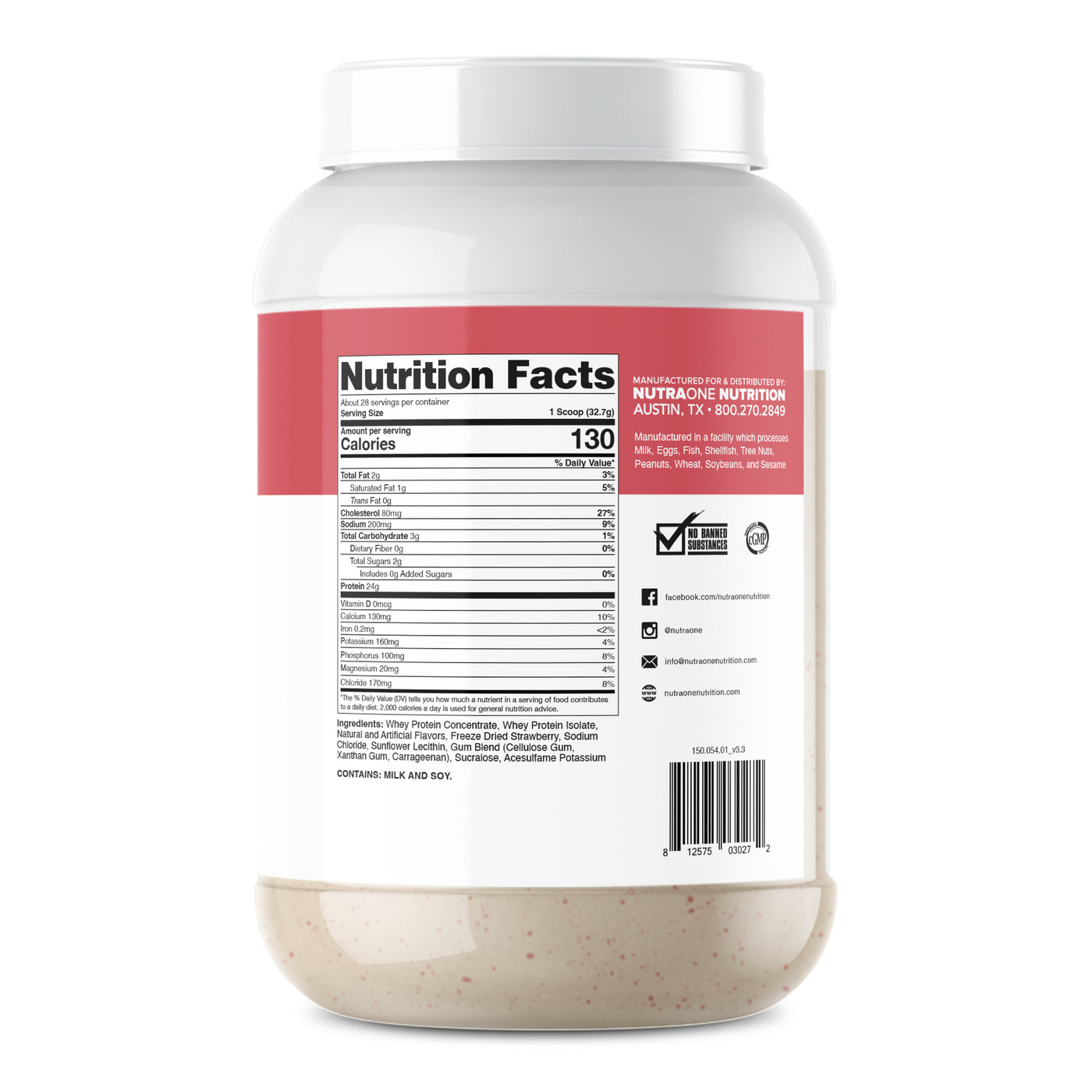NUTRAONE ProteinOne 100% Whey Protein Strawberry Milkshake. 32oz/(2 Lbs) NEW