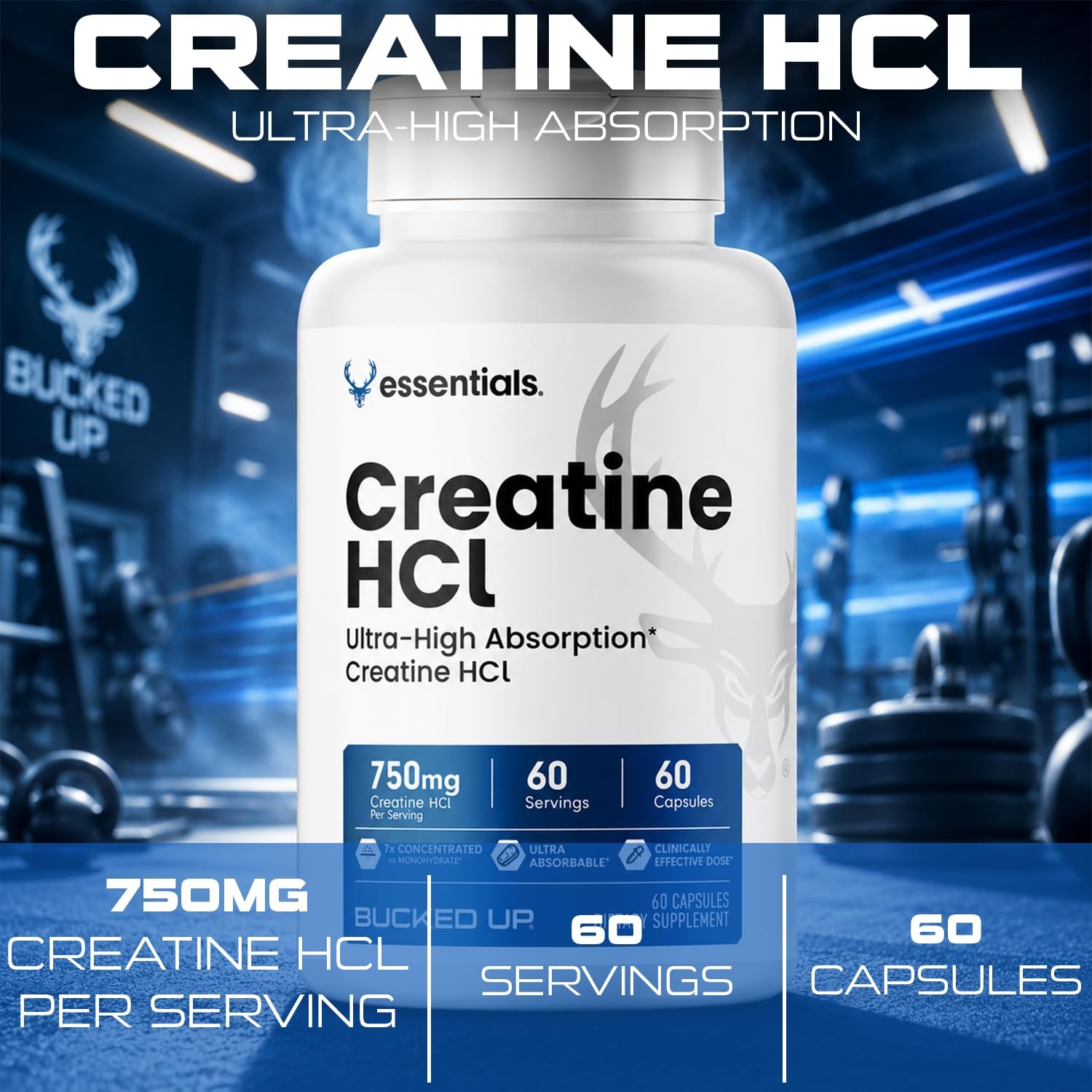 Creatine HCL, 750mg Serving – 60 Servings 60 Count (Pack of 1)