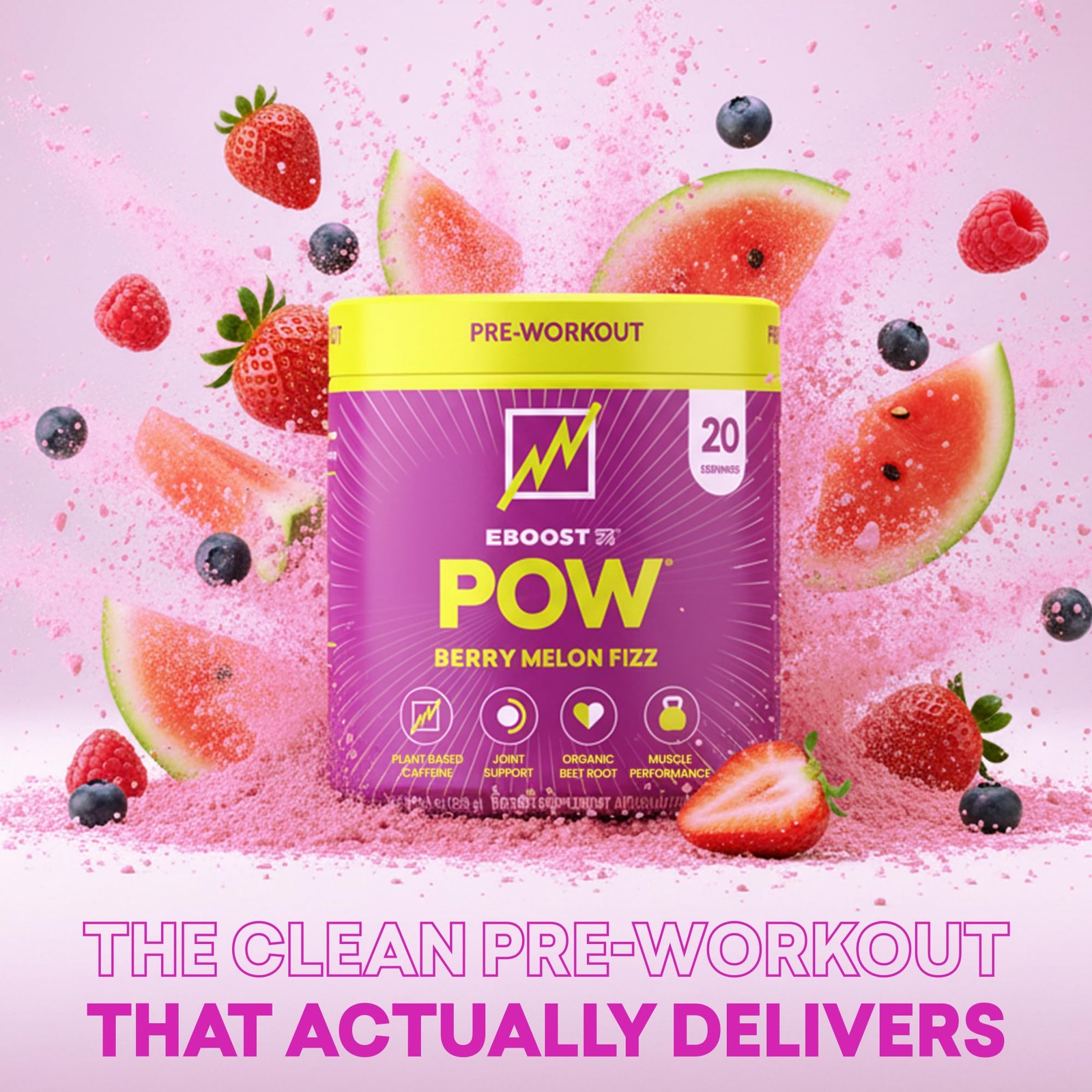 EBOOST POW Natural Pre 20 Servings (Pack of 1), Berry Melon Fizz 20