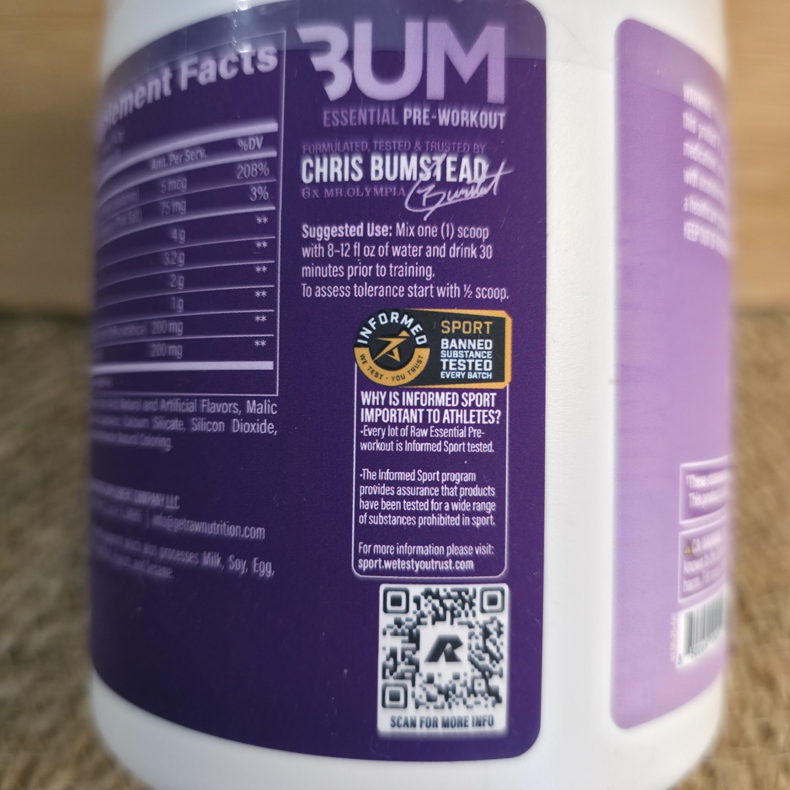 BUM ESSENTIALS RAW Pre Workout Sour Grape Energy Focus Endurance 20 Serving