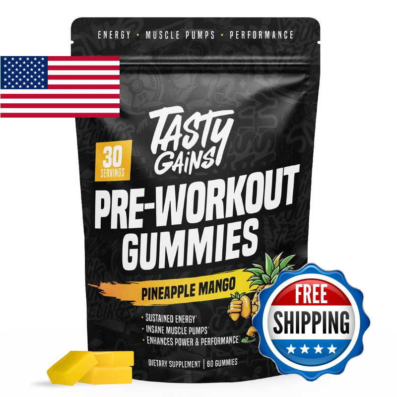 Tasty Gains – Pre-Workout Gummies Energy Focus Boost Caffeine Gummies For Men