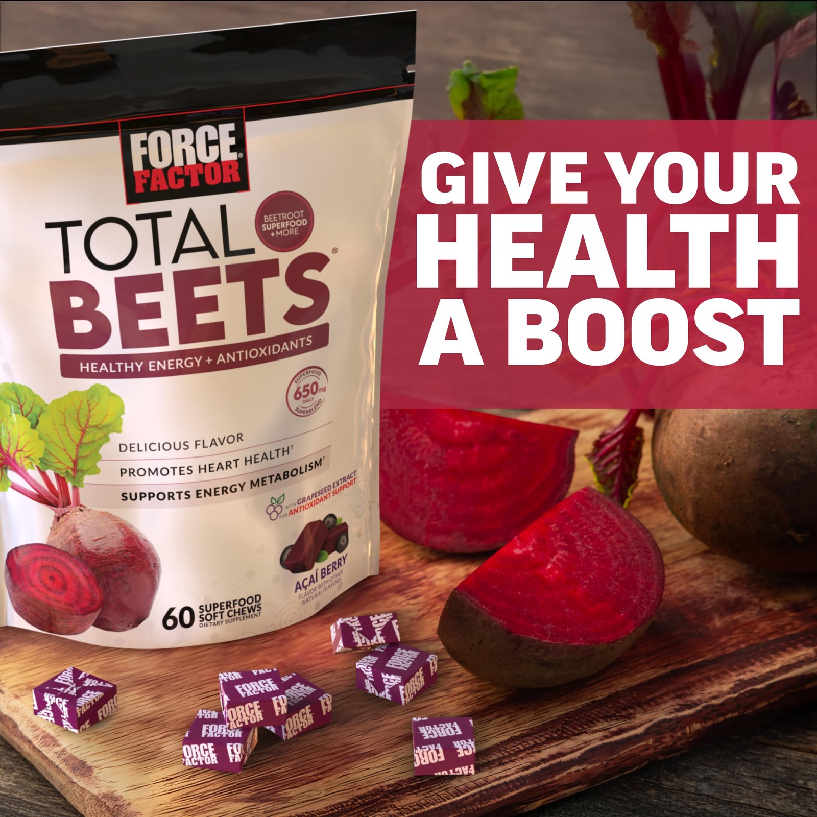 Force Factor Total Beets Soft Chews Beetroot Nitrates L-Citrulline Grapeseed