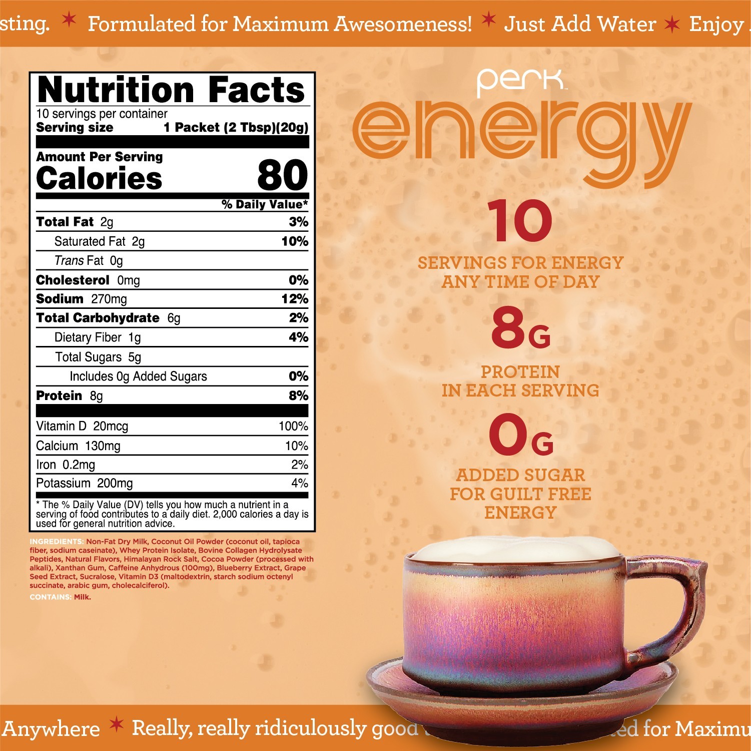 Perk Energy Drink Mix (Vanilla Caramel Steamer) 10 Stick Packs