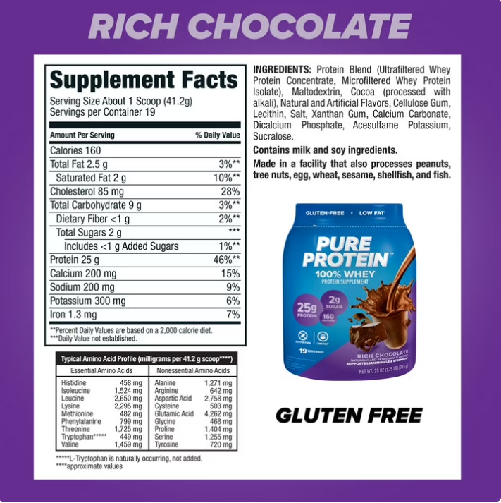 2 Pack Pure Protein 100% Whey Protein Powder, Rich Chocolate,25g Protein,1.75lb