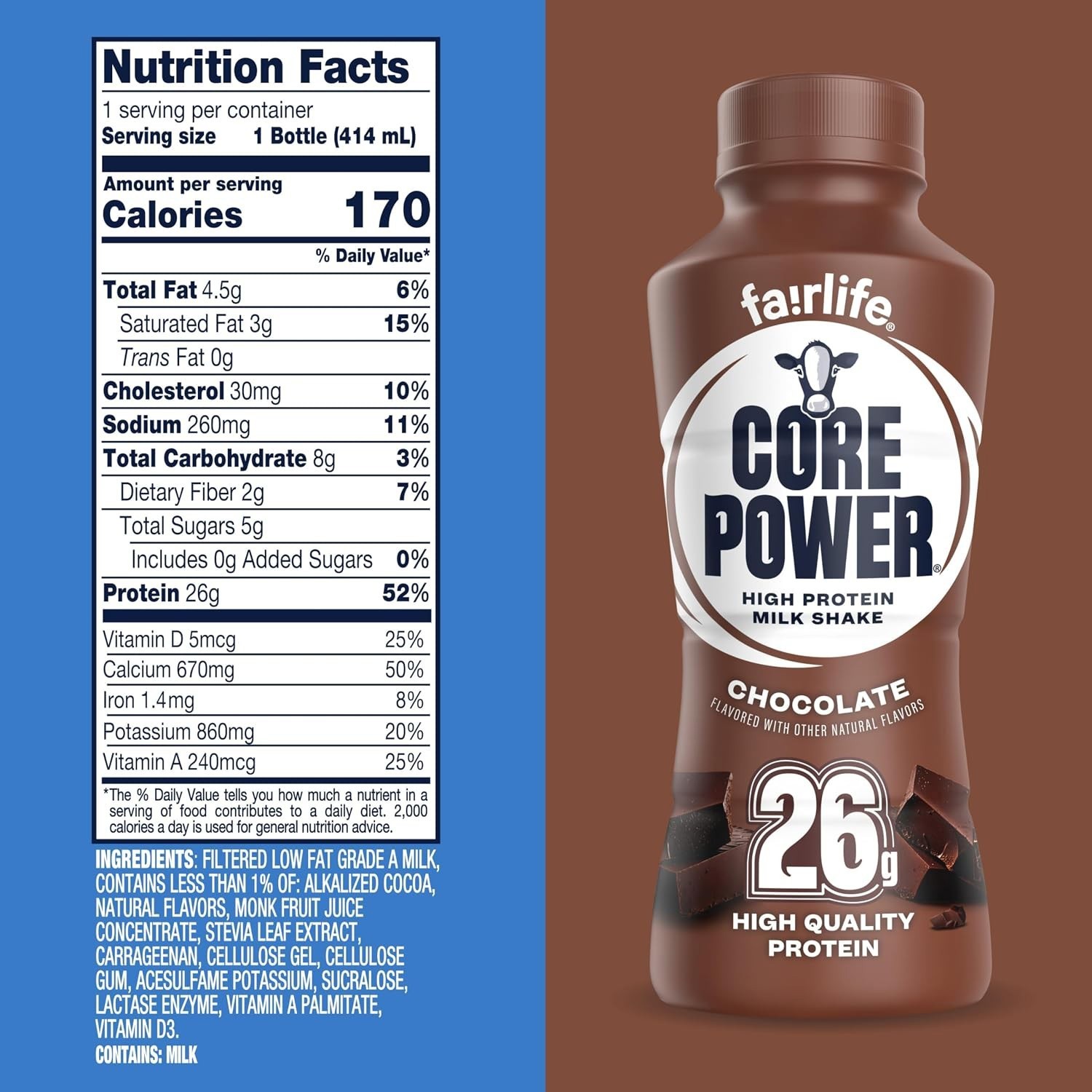 Chocolate Core Power Protein Shake – 26g Bottles (14oz) x 12 Pack