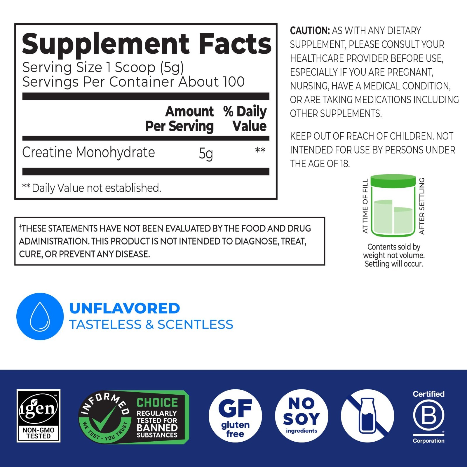 Micronized Creatine Monohydrate Powder, Unflavored, 100 Servings, 5g Per Scoop