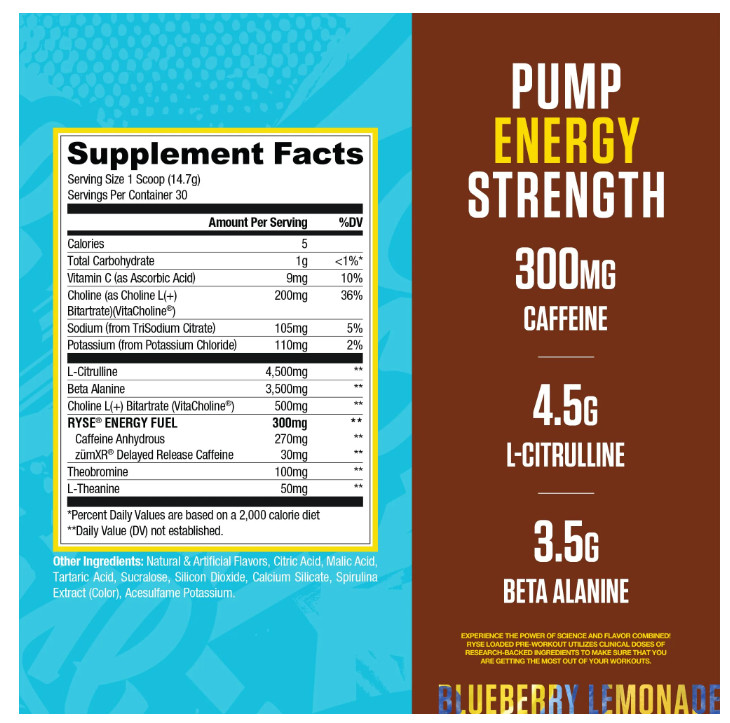 RYSE Loaded Daily Pre Workout Powder Country Time Blueberry Lemonade 30 Serv