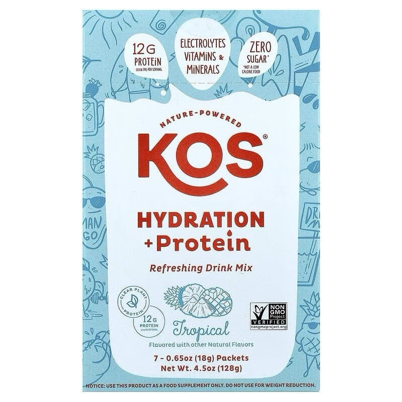 KOS Electrolyte Hydration + Protein Powder Drink Mix Tropical 7 Pack 4.5oz