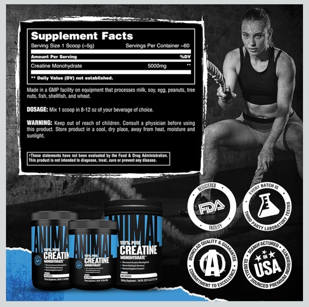 Animal 100% Pure Creatine Monohydrate Powder, Unflavored, 10.58 oz (300 g)