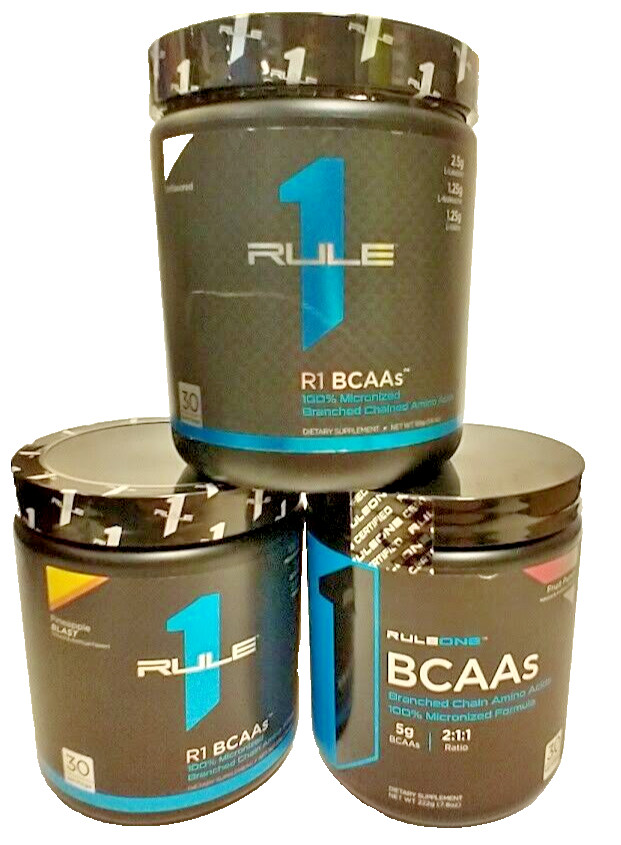 3 Pack Rule 1 BCAA 30 Serv 2:1:1 Pineapple Fruit Punch Unflavored Amino Acid