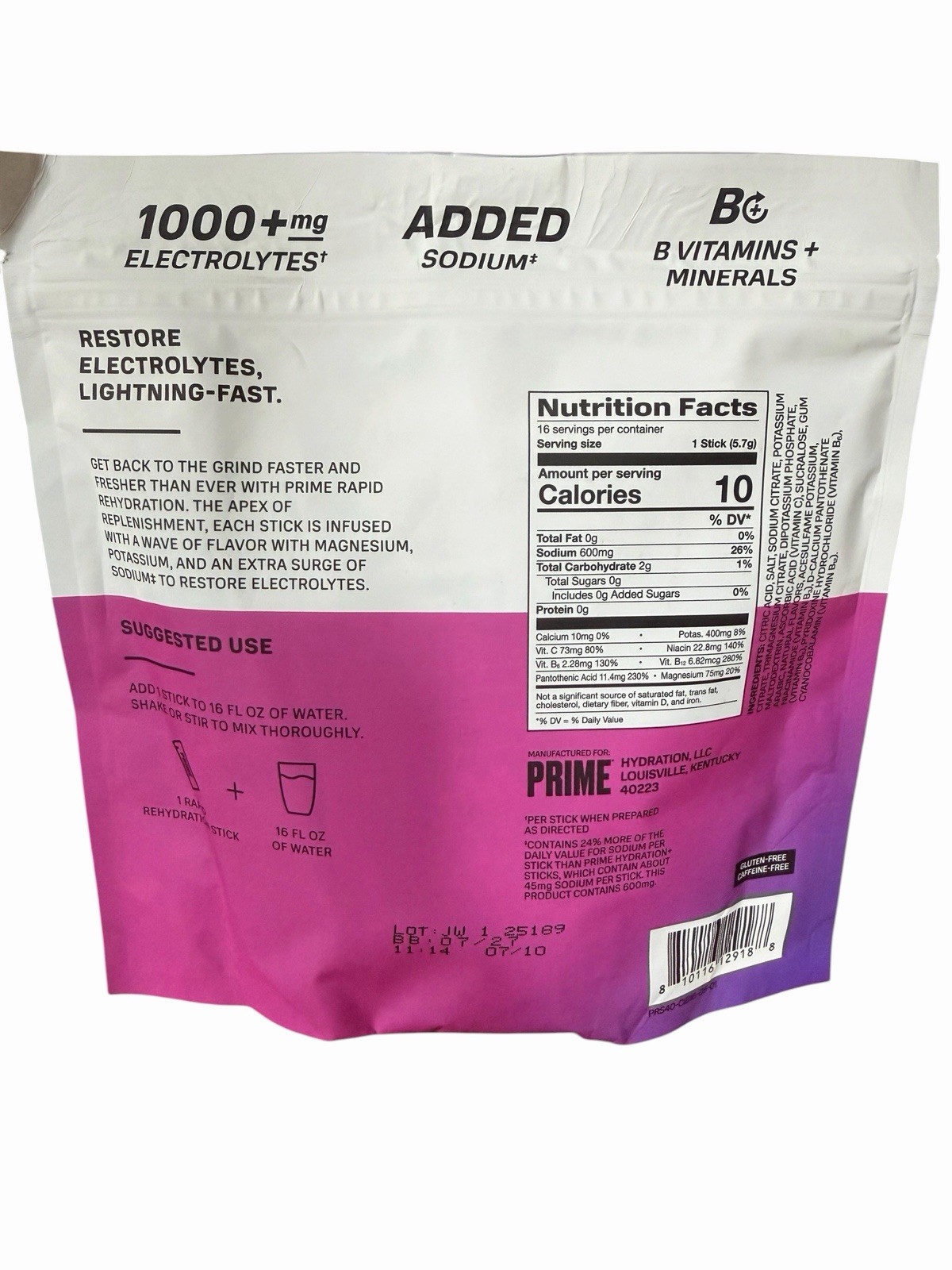 PRIME Electrolyte Hydration Powder Mix 16 Sticks Caffeine-Free Berry Citrus Rush