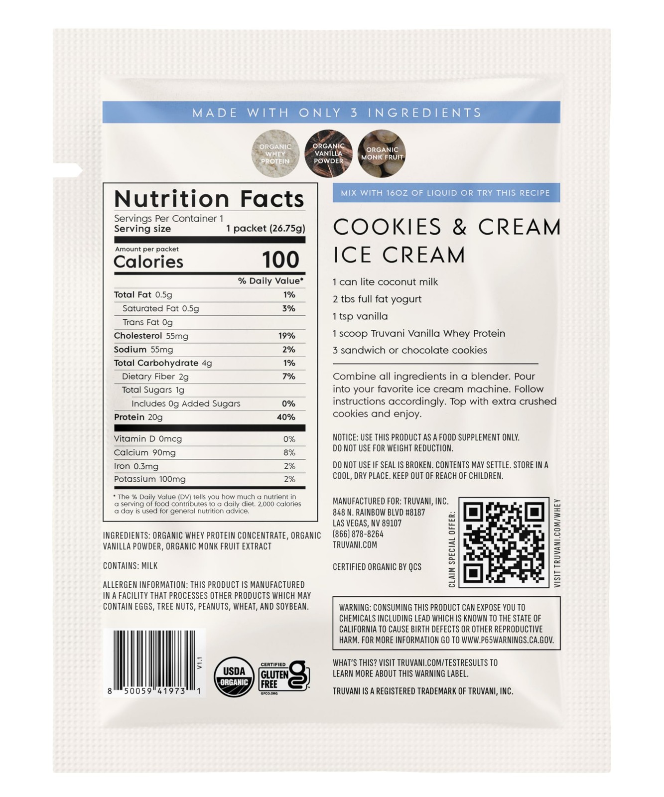 Truvani Organic Whey Protein Powder | Vanilla | 1 Serving | 20g Grass Fed Whe…