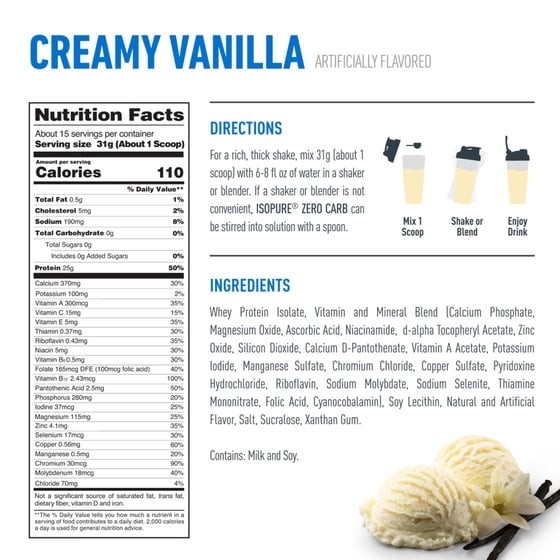 Isopure Zero Carb Whey Protein Isolate Powder, Vanilla, 15 Servings