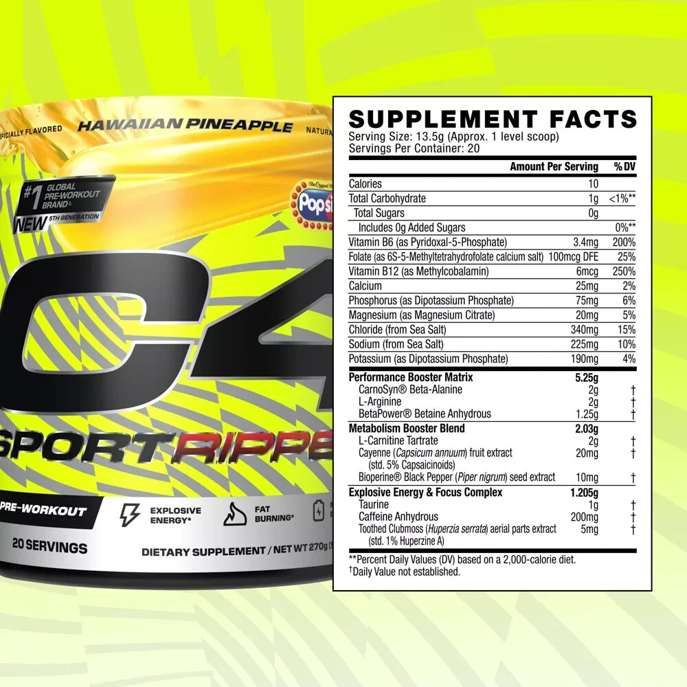 Cellucor C4 Sport Ripped Pre-Workout – Popsicle Hawaiian Pineapple – 9.5oz/20 Se