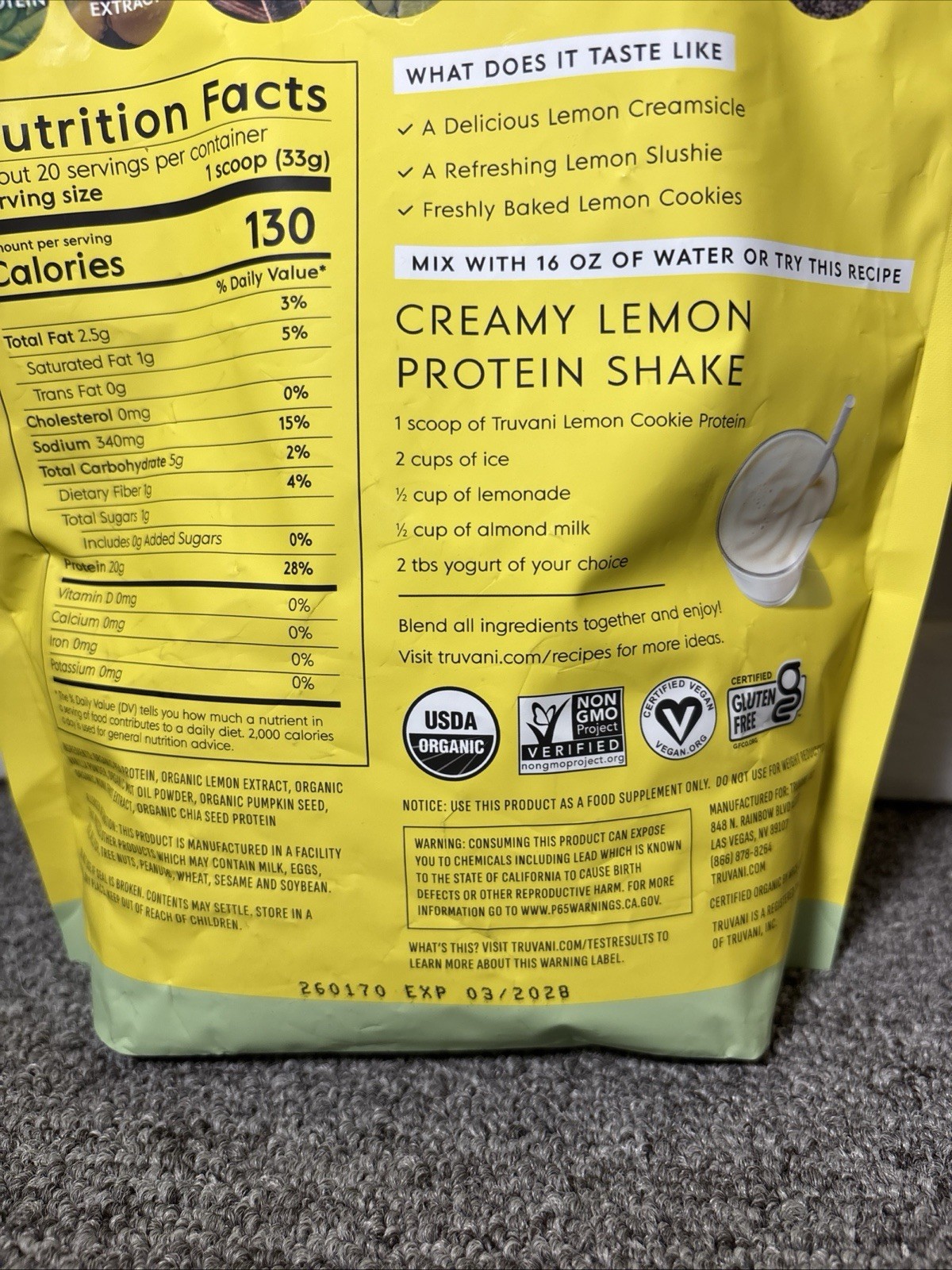 Truvani Certified Organic Plant-Based Protein Powder Lemon Cookie 23.07 oz
