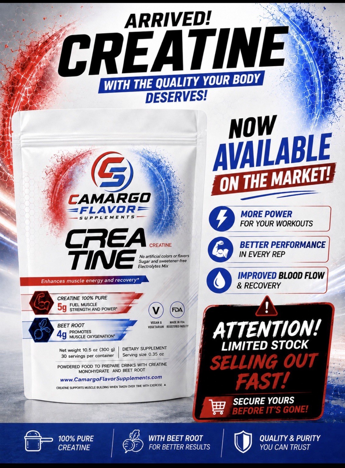 Camargo Flavor Supplements Creatine + Beet Root Powder Unflavored 10.5oz Vegan
