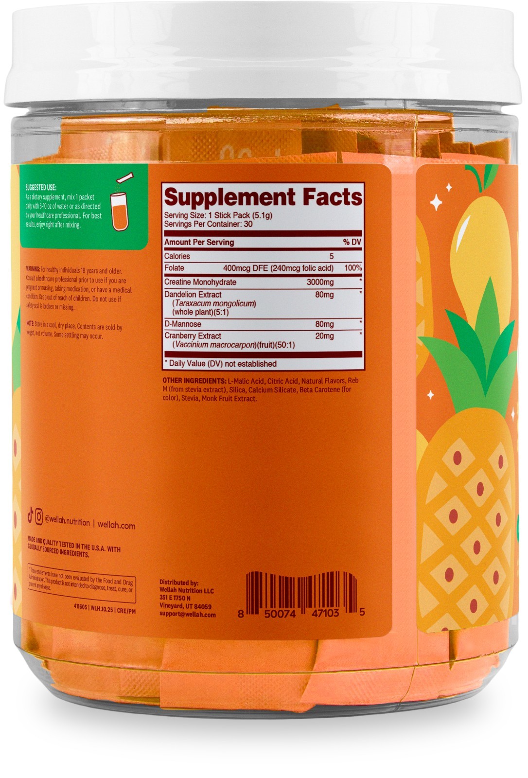 Wellah Pump-It-Up Creatine For Women (Pineapple Mango) 30 Stick Packs