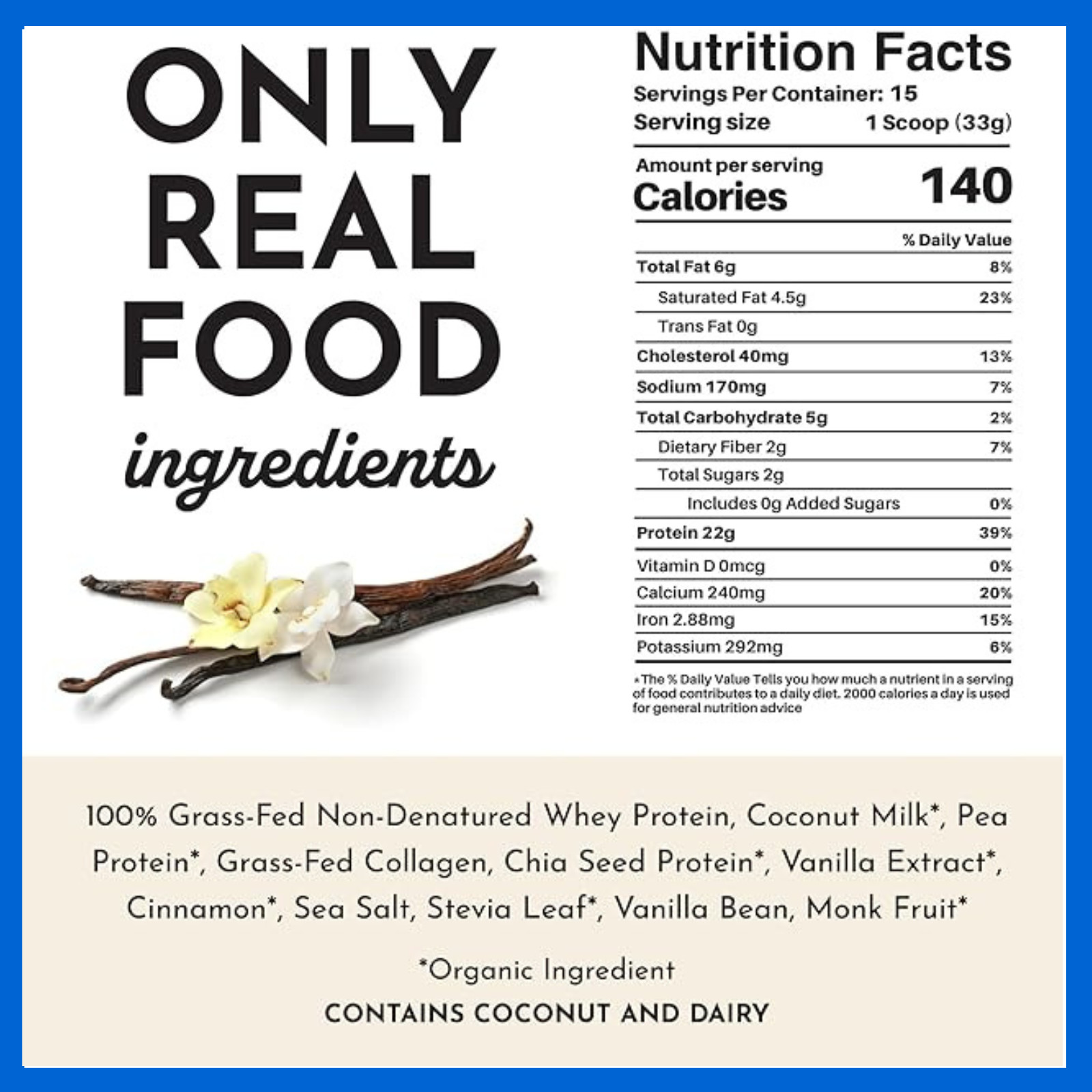 JUST INGREDIENTS Vanilla Protein Powder 22g Grass Fed Whey 15 Servings 3PK