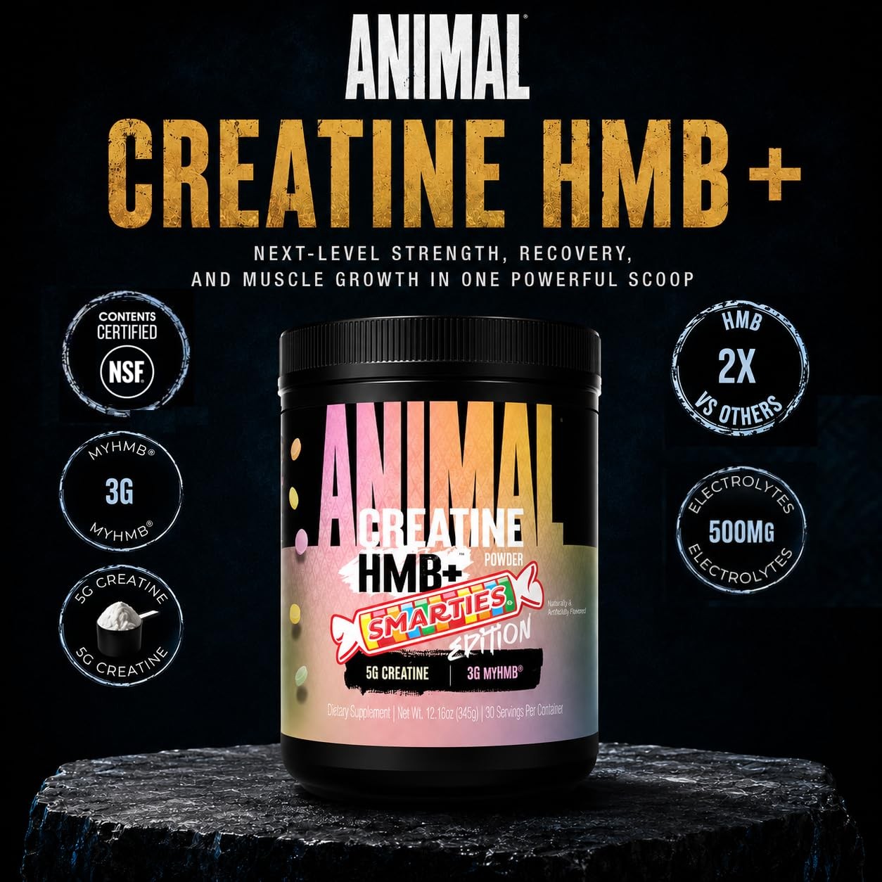 Animal Creatine HMB Powder x Smarties – 3g myHMB + 5g 30 Servings, No Color