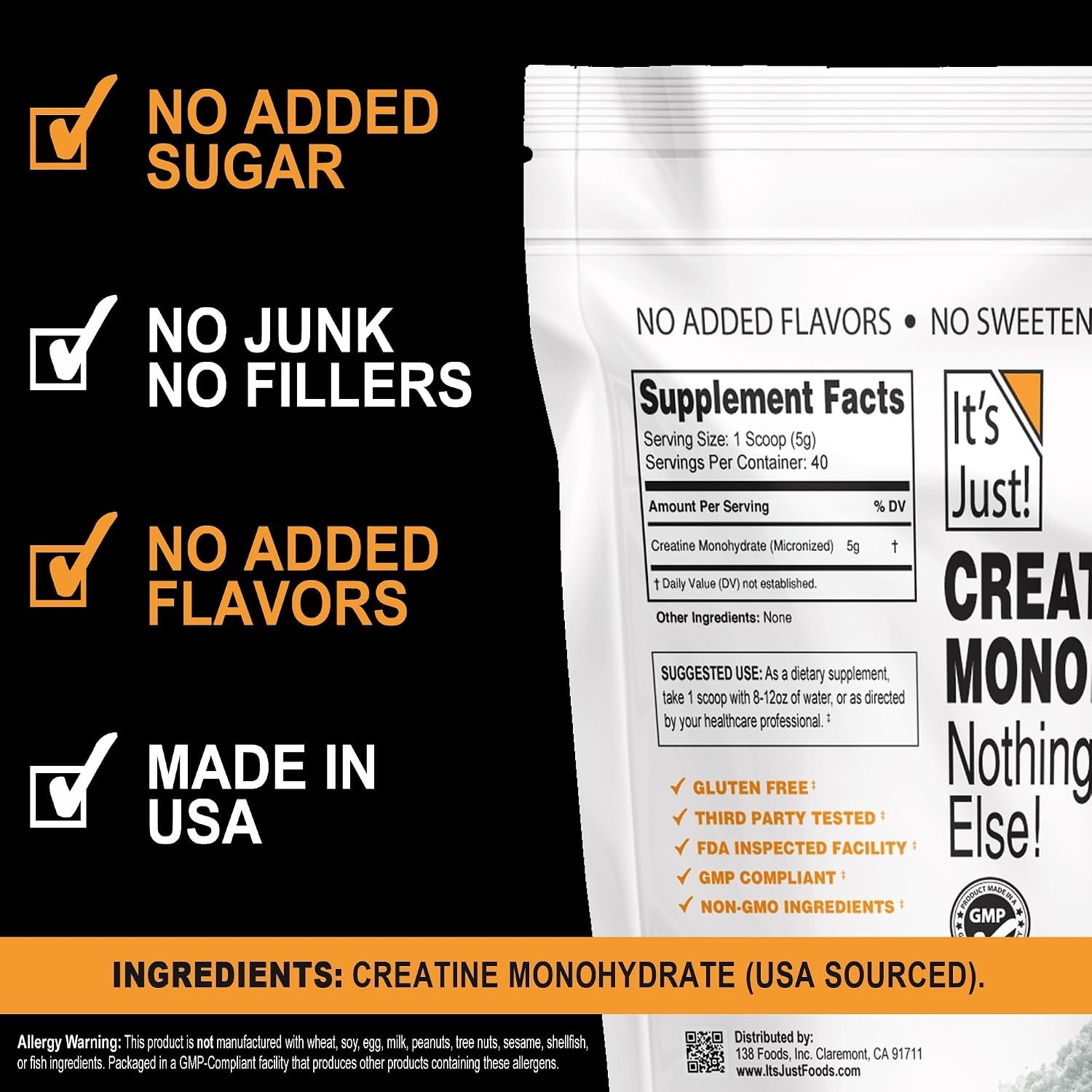 Creatine Monohydrate Powder 200g Unflavored 40 Servings Pure Made in USA 5g