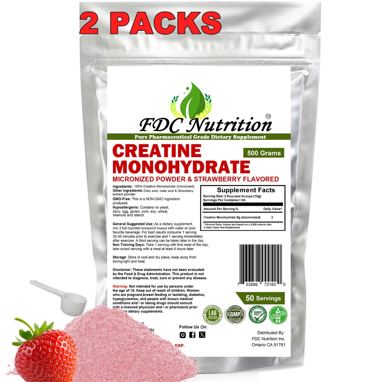 TWO PACKS Creatine Mono 500g (18OZ) , Micronized Powder Strawberry Flavored