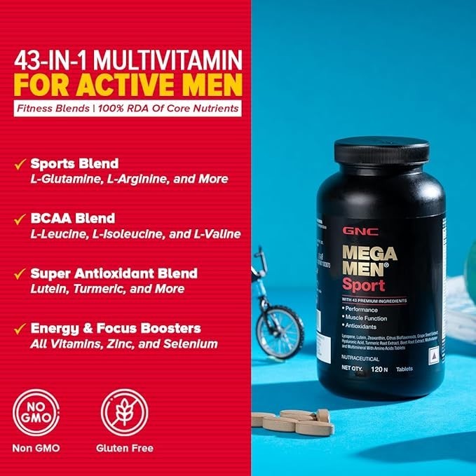 GNC MEGA MEN SPORT Multivitamin 43 Premium Ingredients Sports,BCAA&Antiox-120Tab