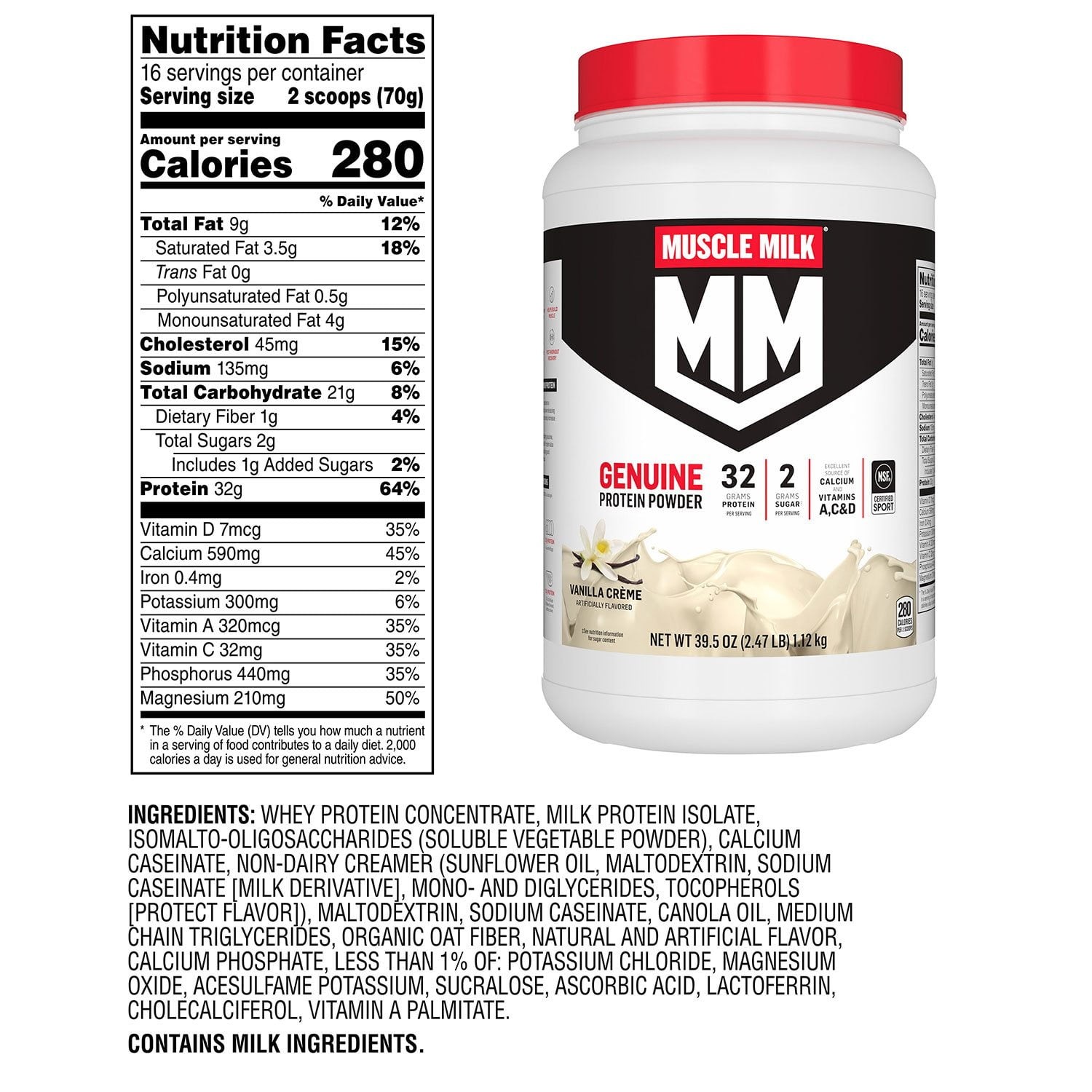 Muscle Milk Genuine 32g Whey Protein Powder, Vanilla Cream, 2.47 lbs.