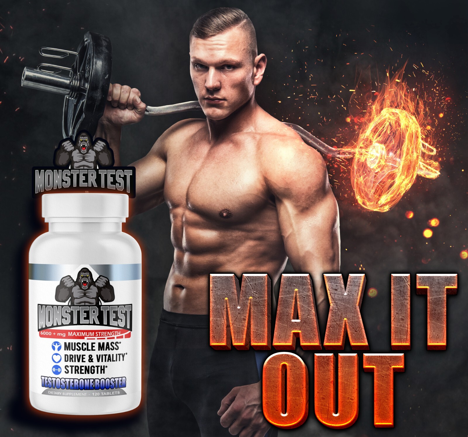 Angry Supplements Mens Monster Test T Booster w/ Zinc + Caffeine Energy Pills