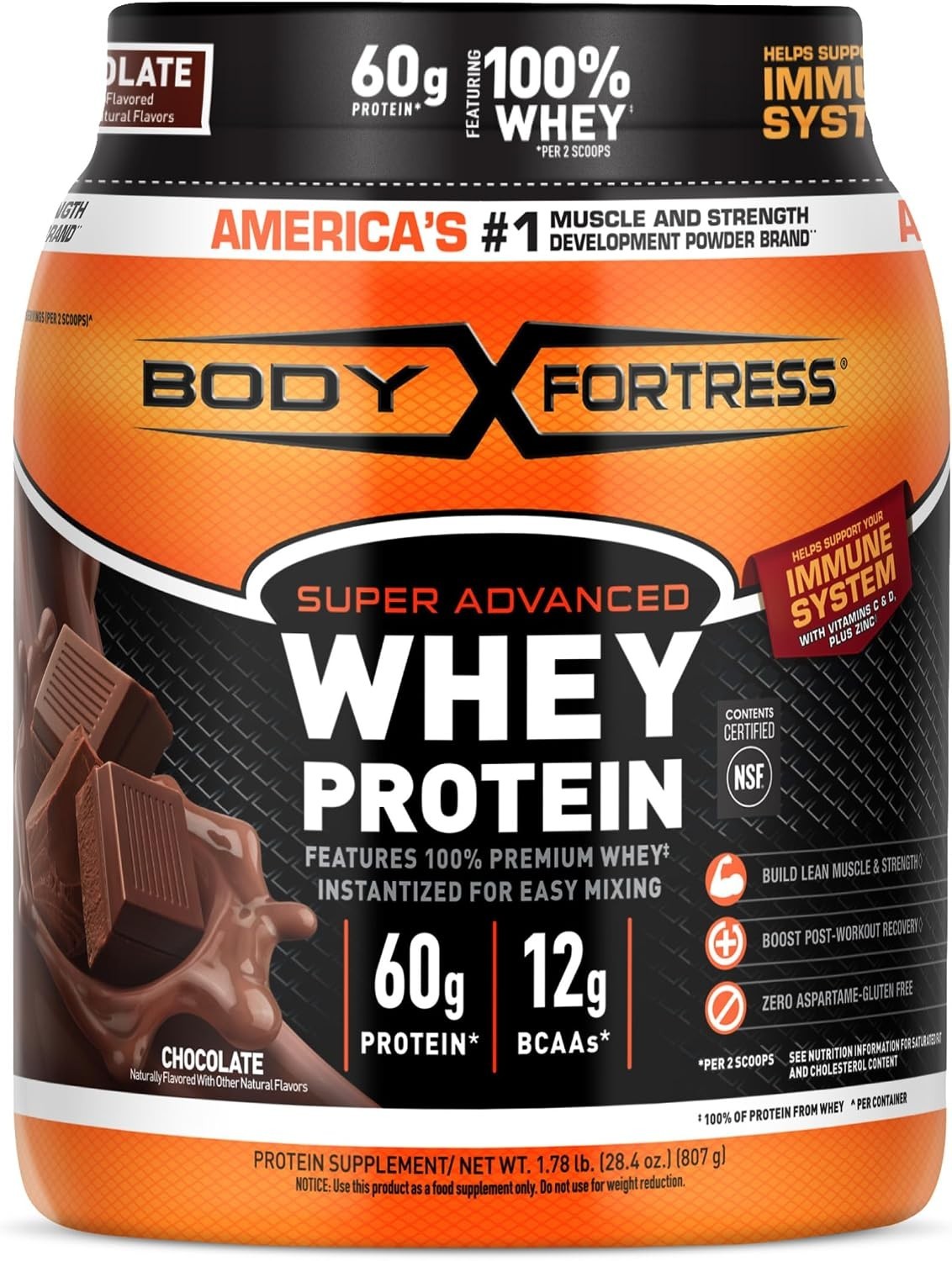 Body Fortress 100% Whey Protein Powder Chocolate 1.78lbs 60g Protein BCAA