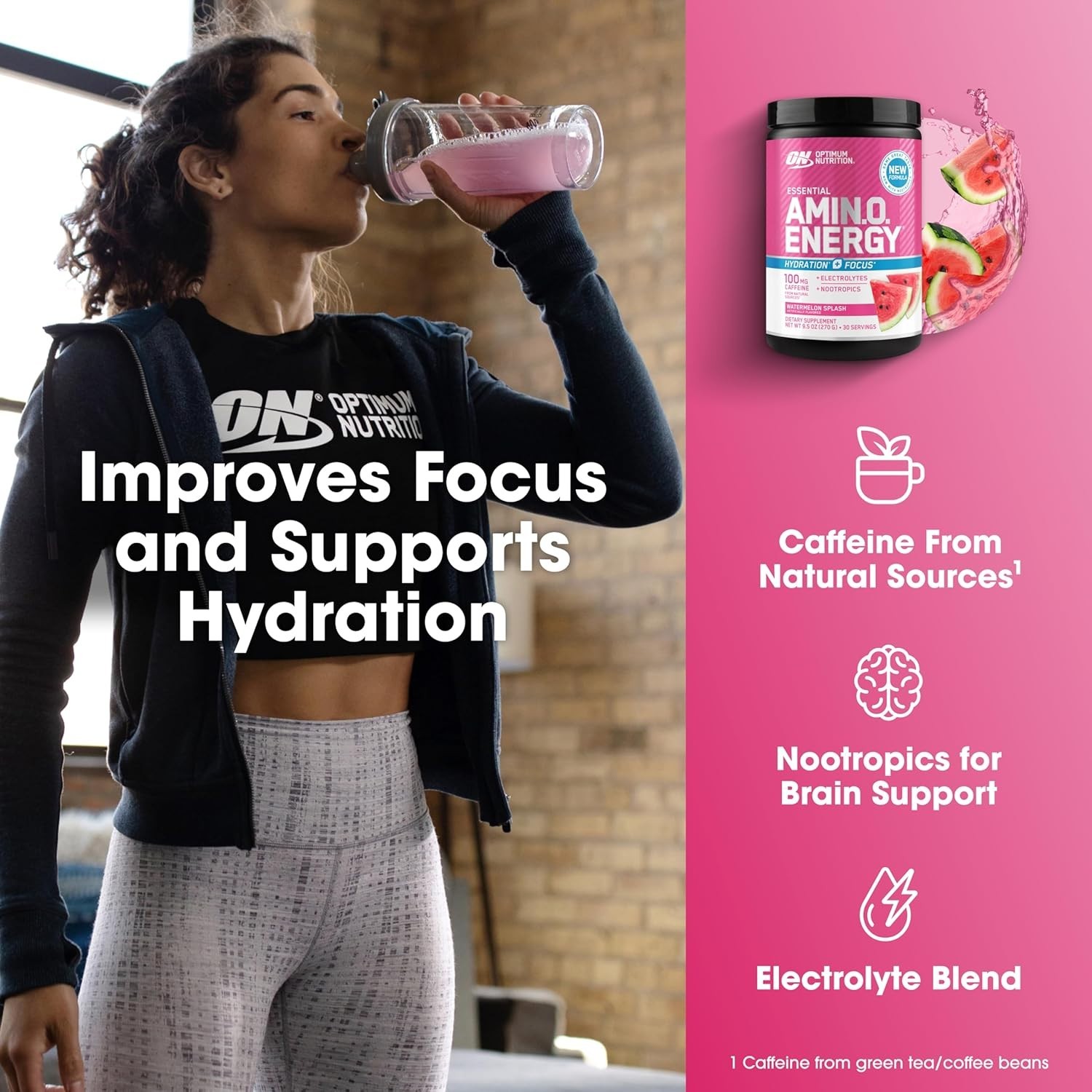 Sugar-Free Amino Energy Drink Mix with Caffeine, 30 Servings – Watermelon Flavor