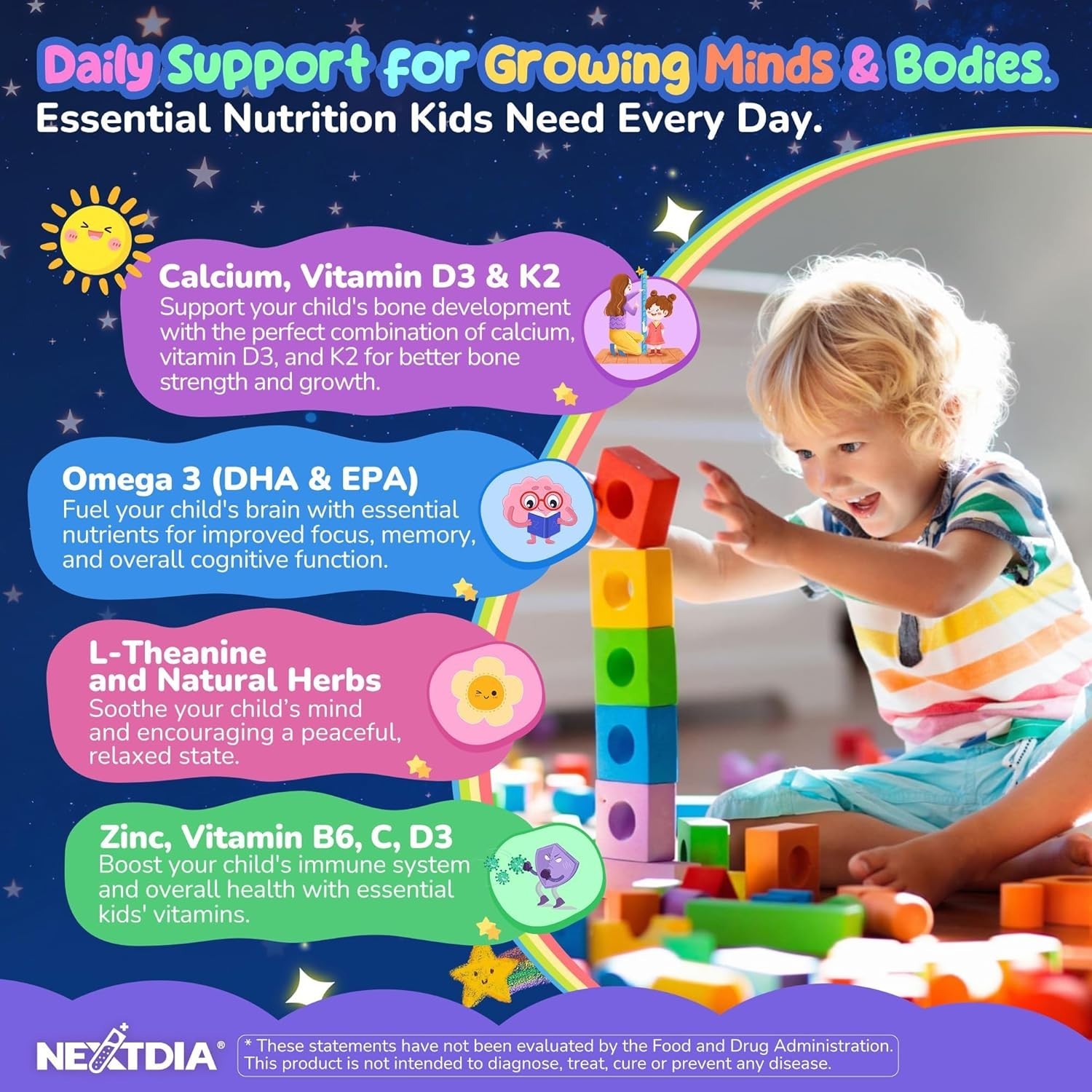 Kids Glycinate Magnesium Gummies + Calcium + Omega 3 – Melatonin Free Kids Sleep