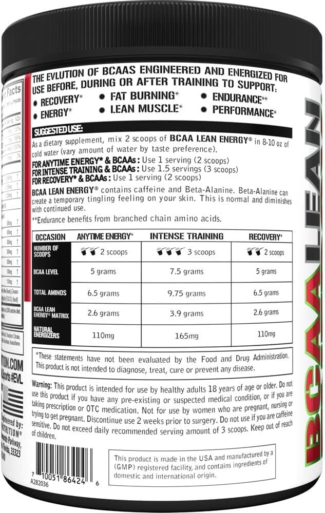 EVL BCAA Lean Energy – Clean Pre Workout Powder for Energy & Fat Burning, 10.9oz