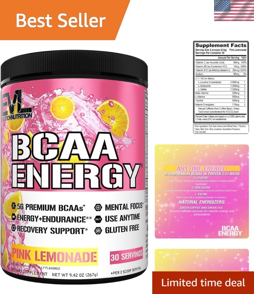 Natural Caffeine BCAA Energy Supplement – 30 Servings, Pink Lemonade Delight