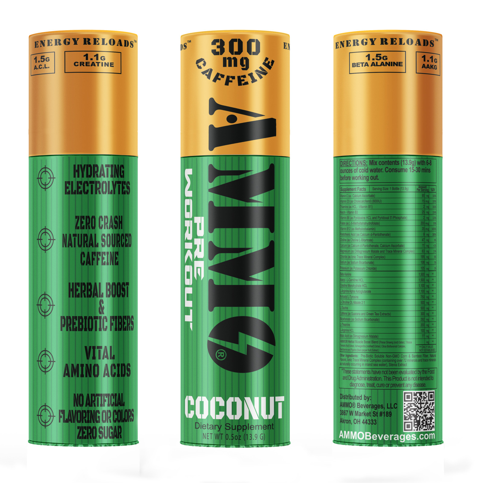AMMO pre workout Energy Reloads™ Coconut Single 12ct 300mg Caffeine Zero Sugar