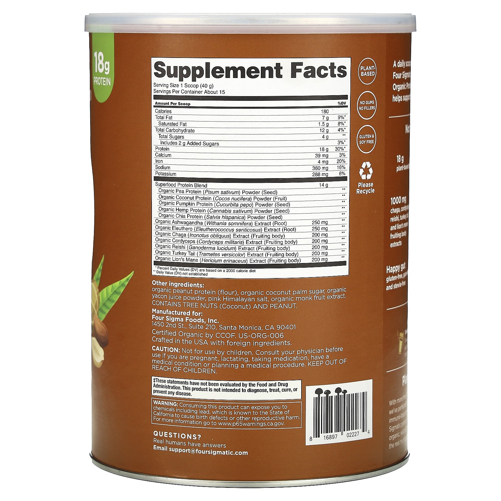 Plant-Based Organic Protein with Mushrooms & Adaptogens, Peanut Butter, 1.32 lbs