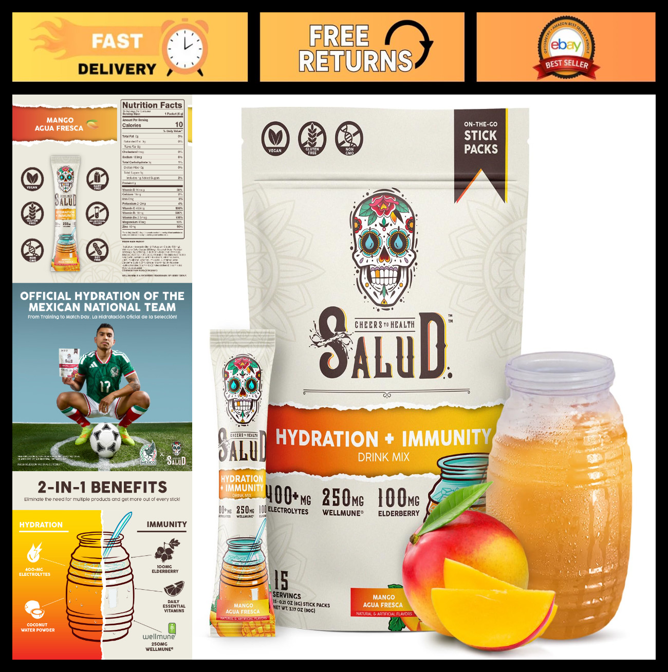 2-in-1 Hydration & Immunity Drink Mix, Mango Flavor | Electrolyte Powder, Vegan,
