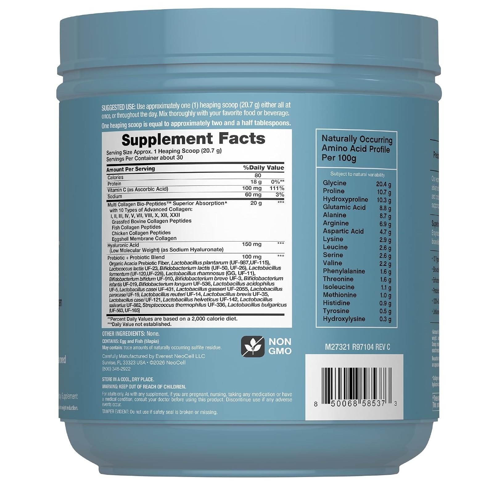 NeoCell Multi Collagen Bio-Peptides Powder 22oz with Hyaluronic Acid