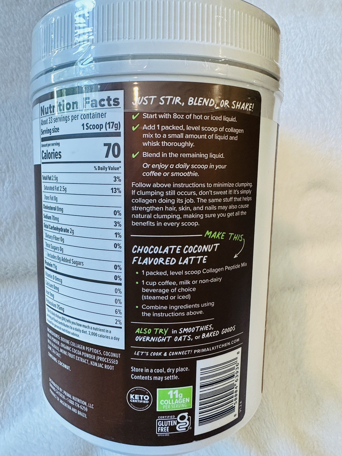 Primal Kitchen Collagen Fuel Collagen Peptide Drink Mix Chocolate Coconut Powder