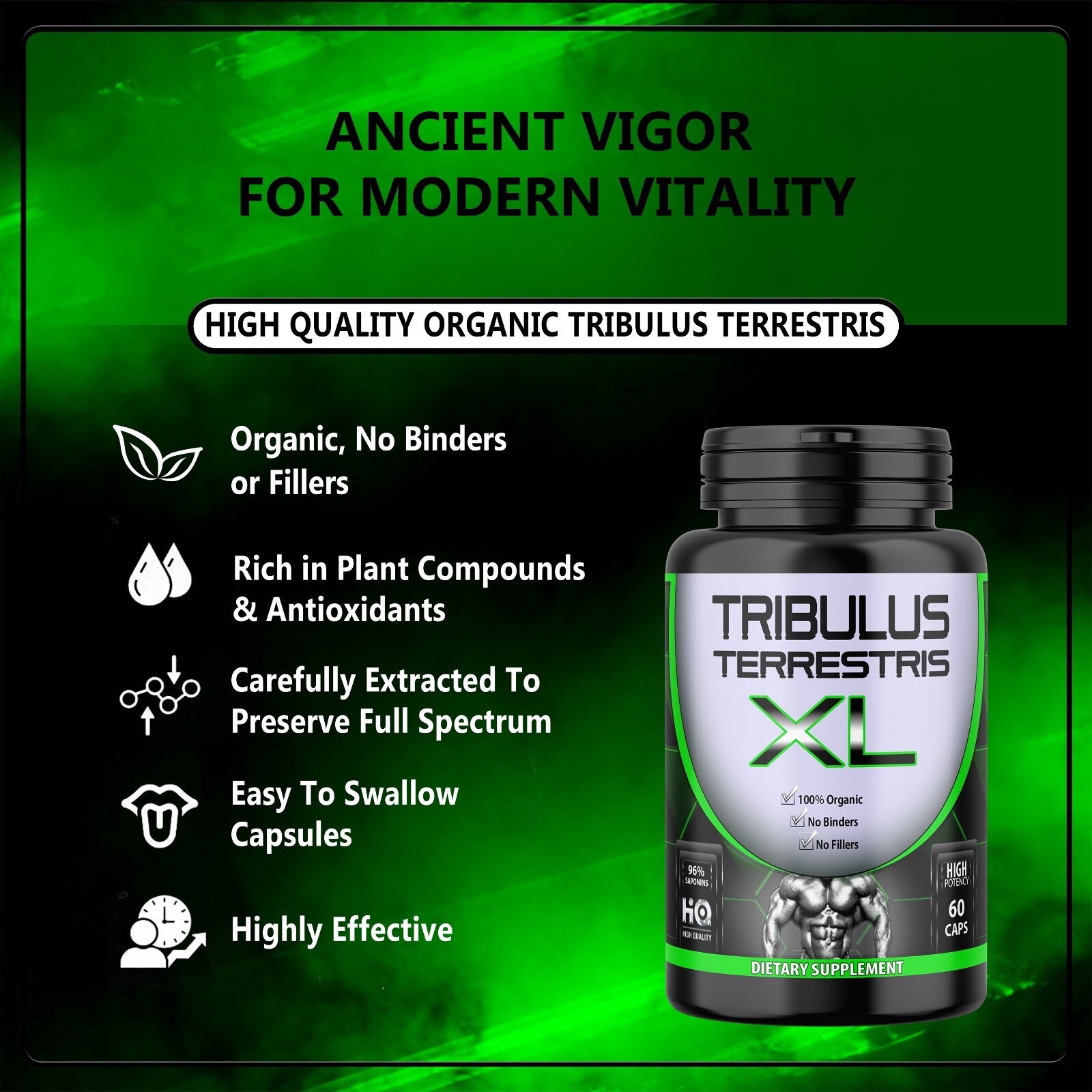 Pure Tribulus Terrestris Extract W/ 96% Saponins 60 Capsules, No Filler, Non-GMO