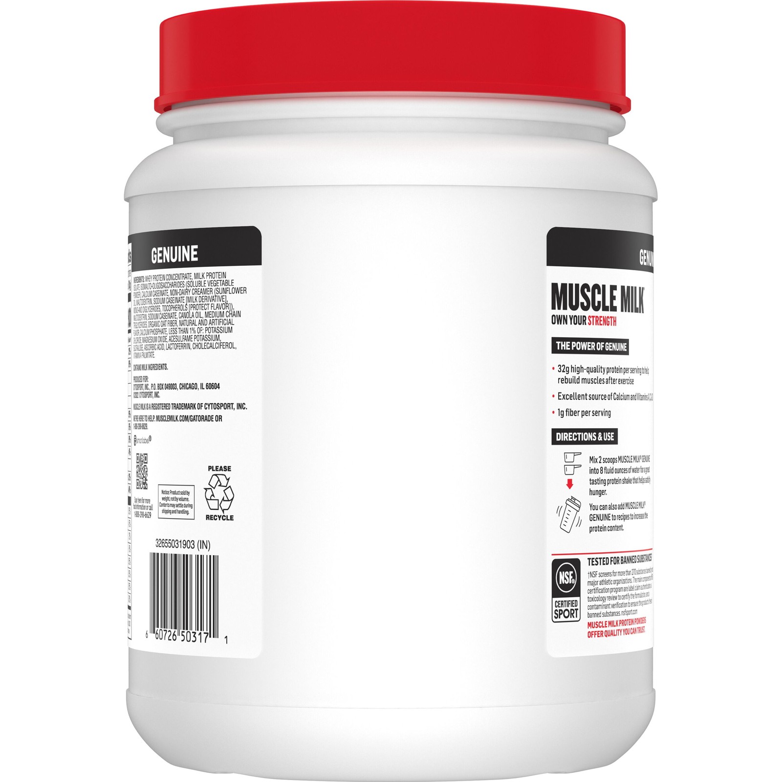 Muscle Milk Genuine Protein Powder, Vanilla, 32g Protein, 1.9lb, 30.9oz