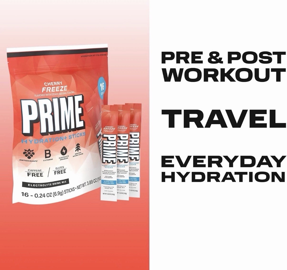 PRIME Electrolyte Hydration Powder Mix 16 Sticks Caffeine-Free Cherry Freeze