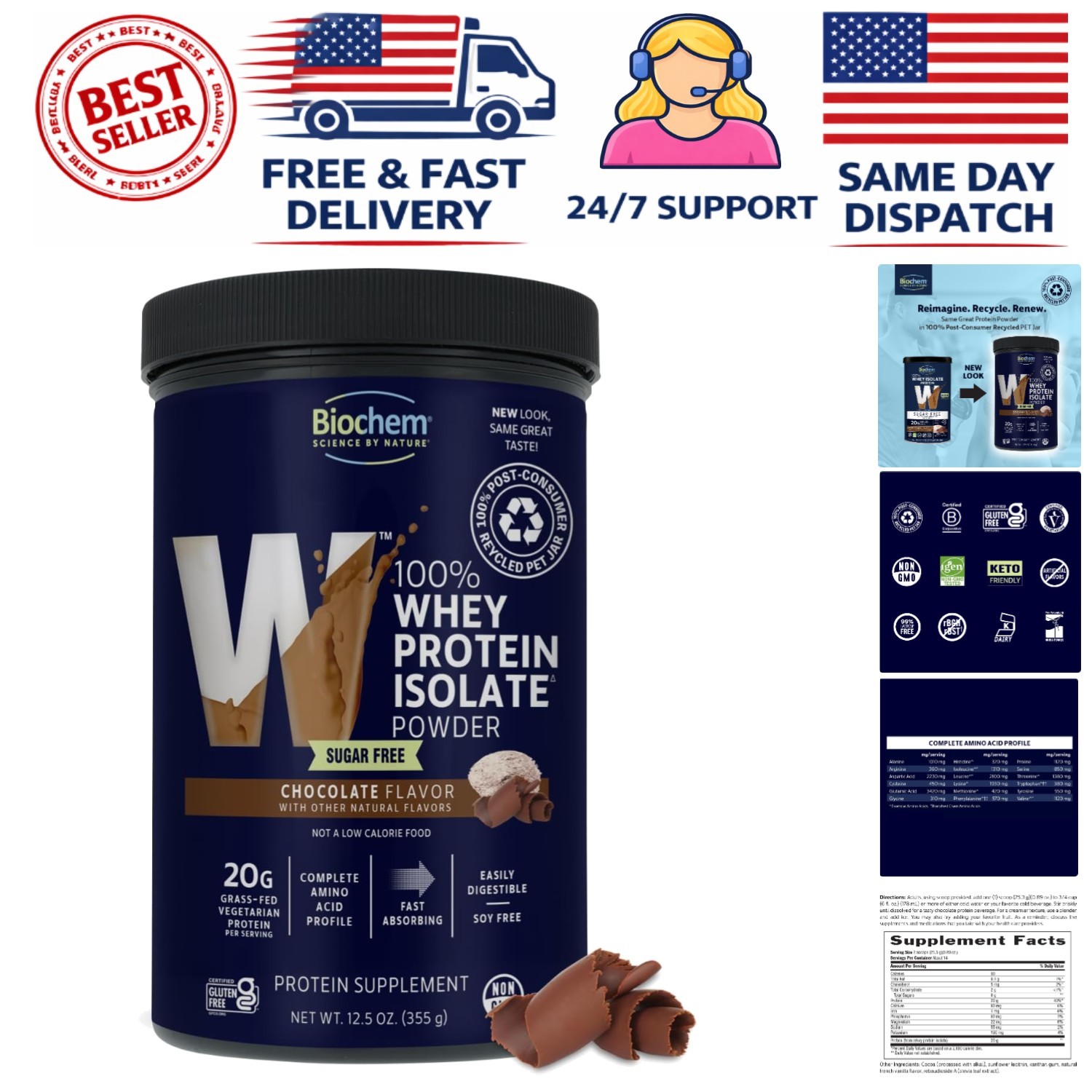 Sustainable 100% Whey Protein Powder – Sugar-Free Chocolate, 20g Protein, 12.5oz
