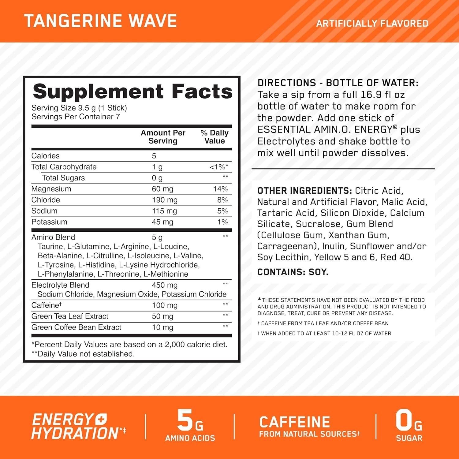 Essential Amino Energy Plus Electrolytes Stick Packs Tangerine Wave 7ct Â Nat.